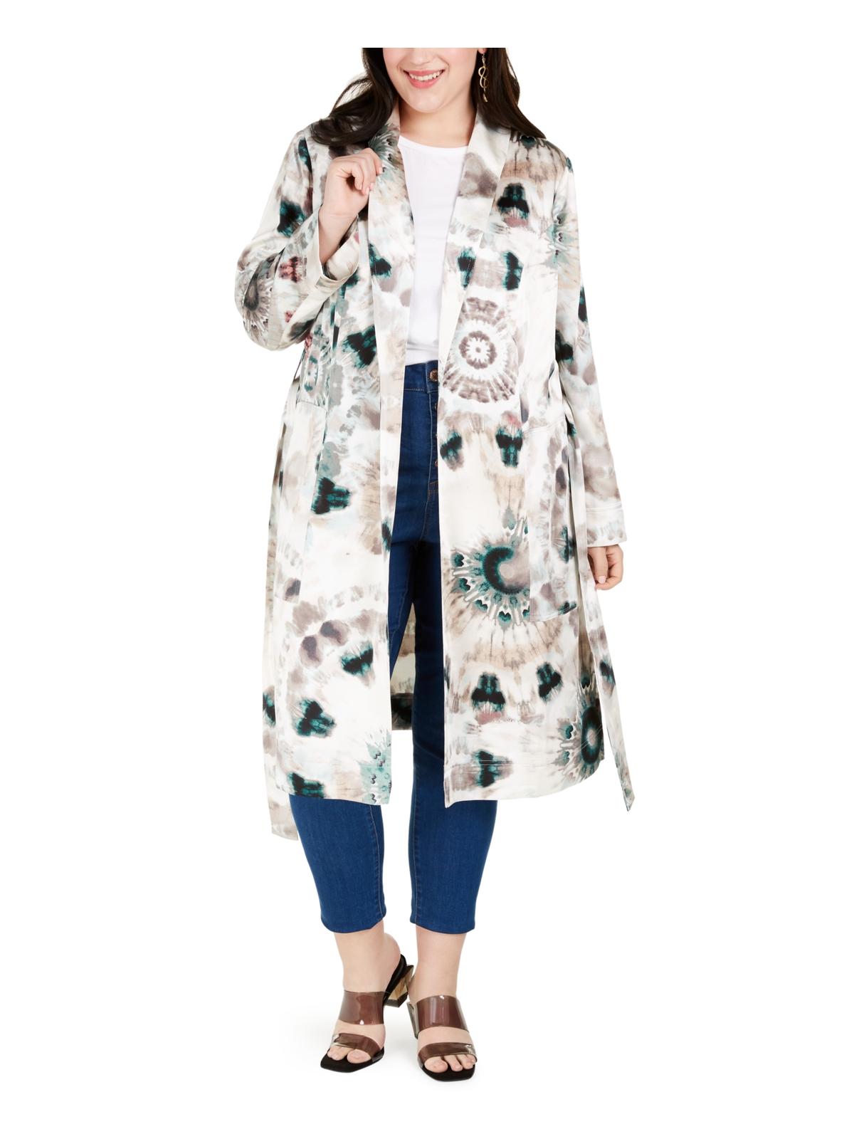 INC Women's  Plus Size Tie-Dye Trench Coat White Multi Size 2X