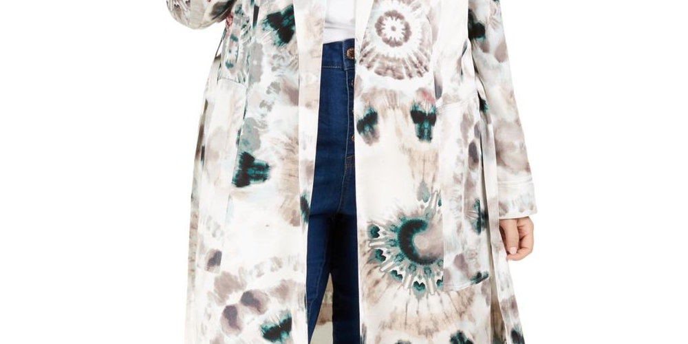 INC Women's  Plus Size Tie-Dye Trench Coat White Multi Size 2X