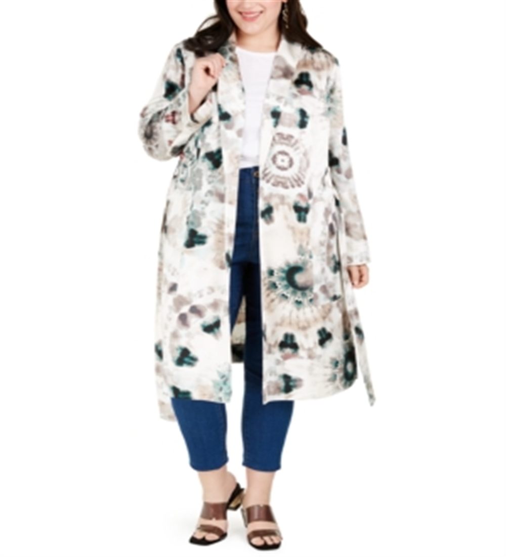INC Women's  Plus Size Tie-Dye Trench Coat White Multi Size 2X