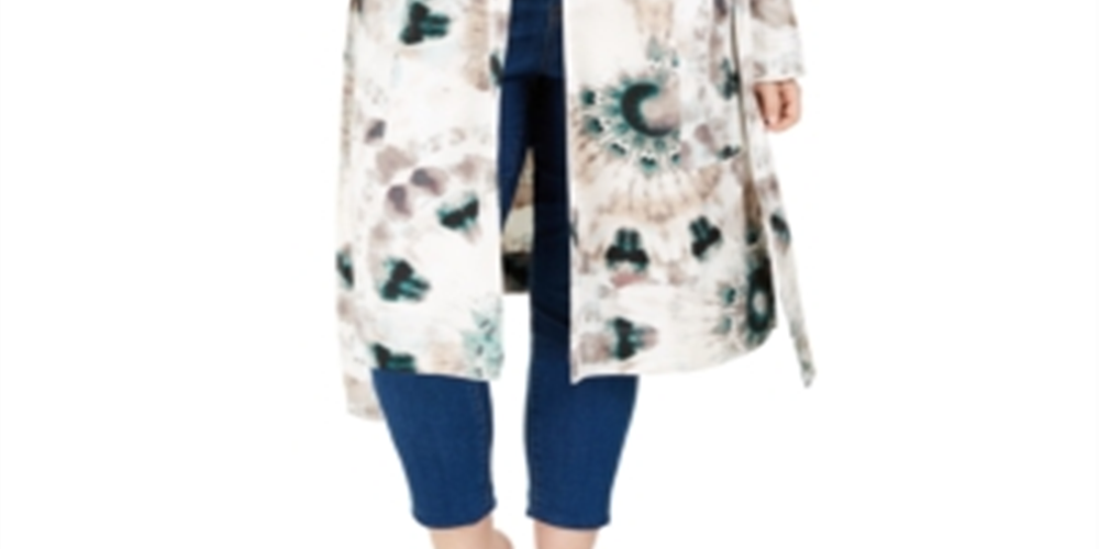 INC Women's  Plus Size Tie-Dye Trench Coat White Multi Size 2X