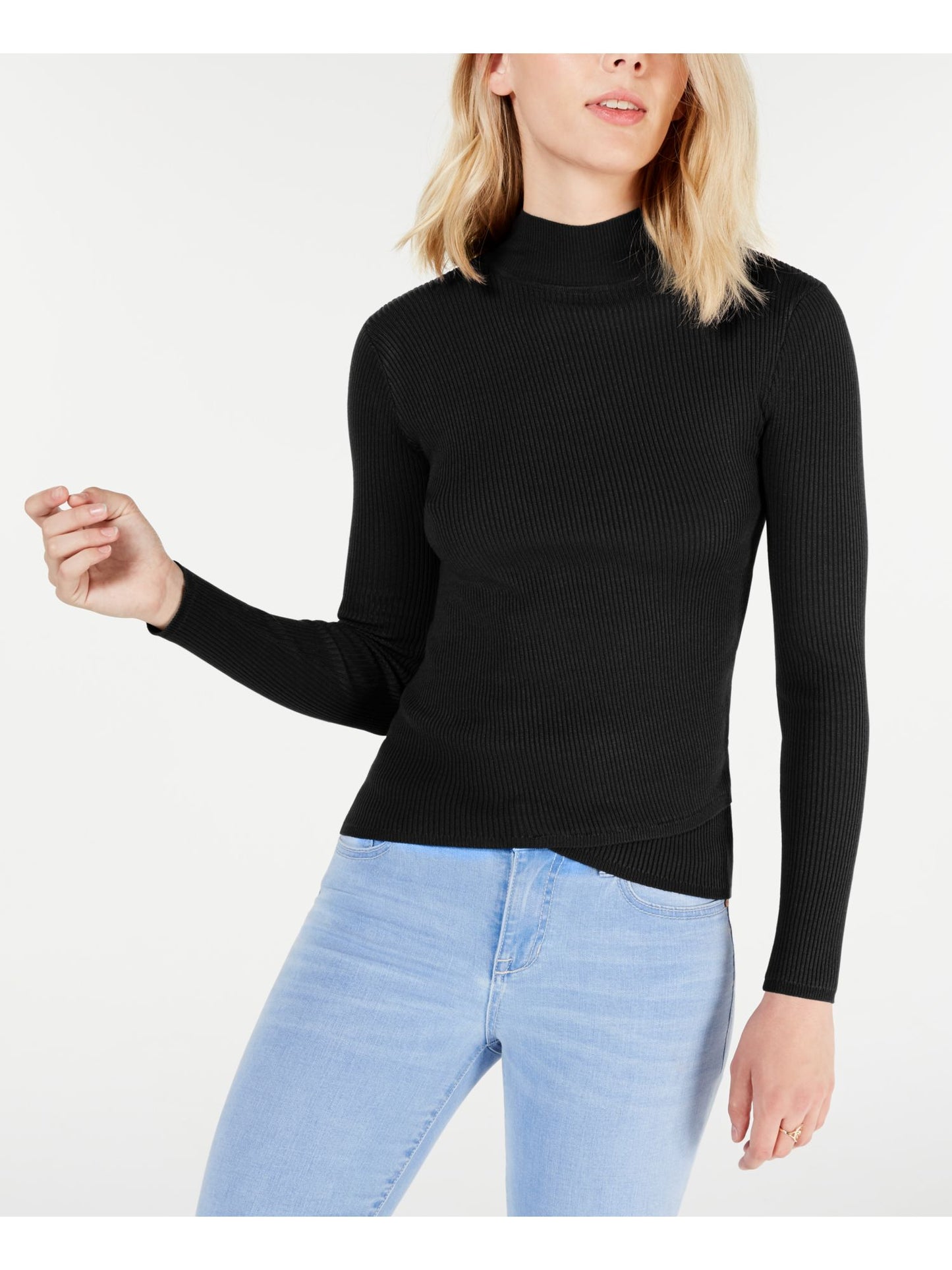 SAY WHAT? Women's  Fitted Rib-knit Tulip-hem Long Sleeve Mock Neck Sweater Black Size Medium
