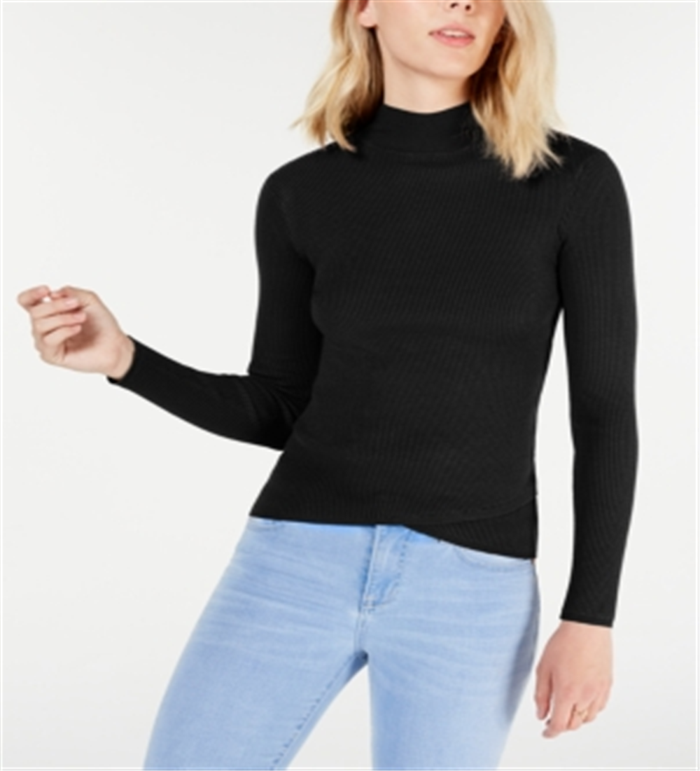 SAY WHAT? Women's  Fitted Rib-knit Tulip-hem Long Sleeve Mock Neck Sweater Black Size Medium