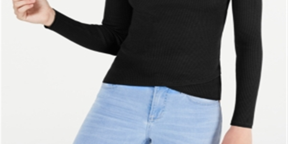 SAY WHAT? Women's  Fitted Rib-knit Tulip-hem Long Sleeve Mock Neck Sweater Black Size Medium