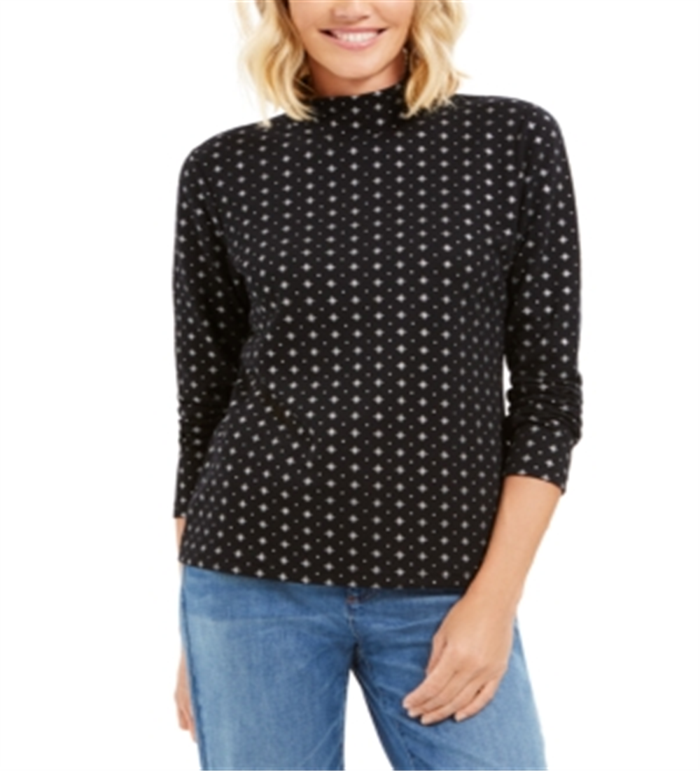 Karen Scott Women's Snowflake Dot Printed Mock-Neck Top  Black Size XL