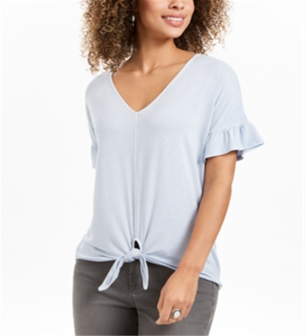 Style & Co Women's Flutter-Sleeve Tie-Front Top  Blue Size XS