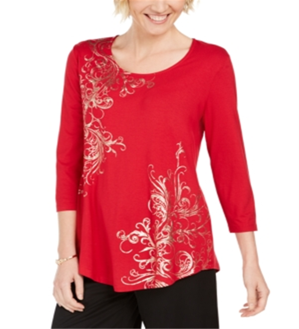 JM Collection Women's Metallic Print Tunic Top Red Size X-Small