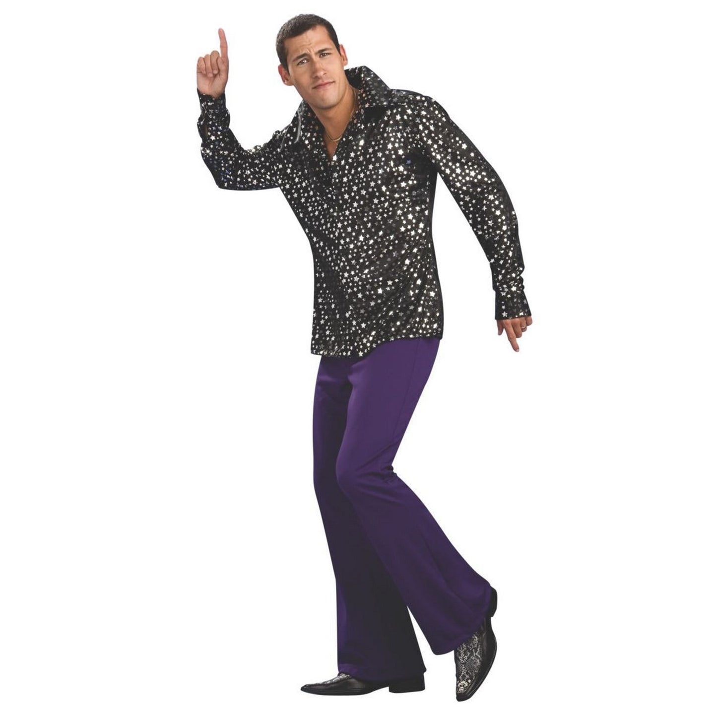 Halloween Adult Disco Shirt - Black with Silver Stars Black Size XL
