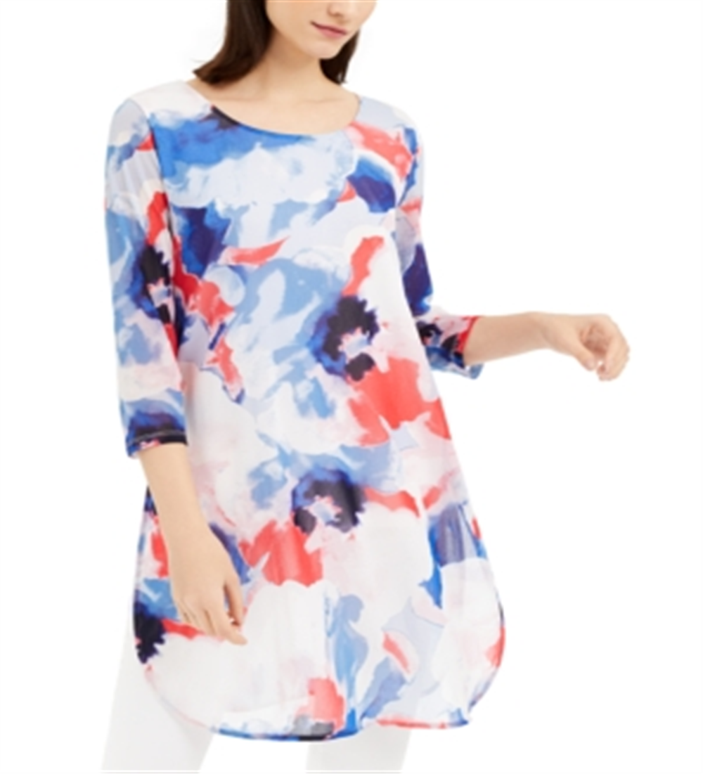 Alfani Women's Blouse  Super Watercolor Tunic  Blue Size Petite S