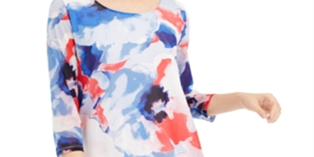 Alfani Women's Blouse  Super Watercolor Tunic  Blue Size Petite S