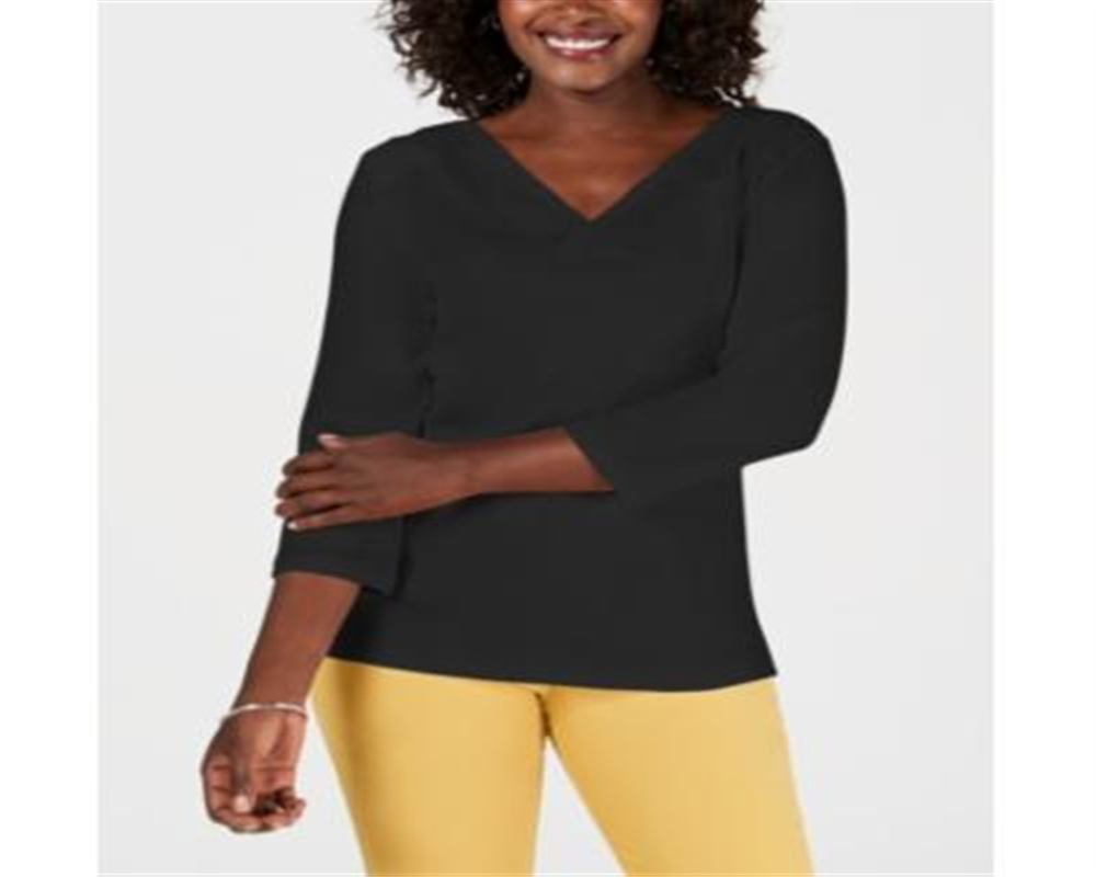 Karen Scott Women's Eyelet V Neck Cotton Top Black Size Petite L