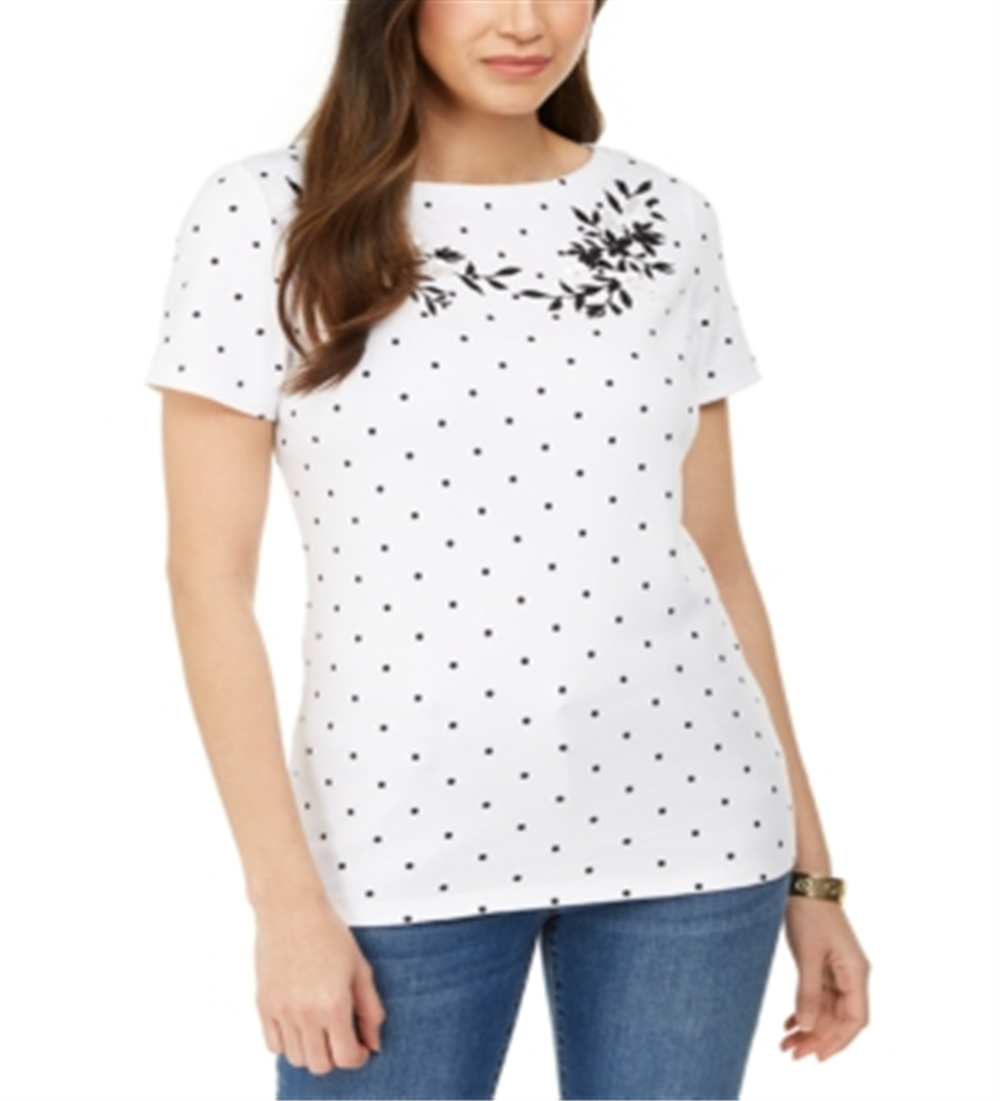 Karen Scott Women's Printed Embroidered Boat Neck Cotton Top White Size Small