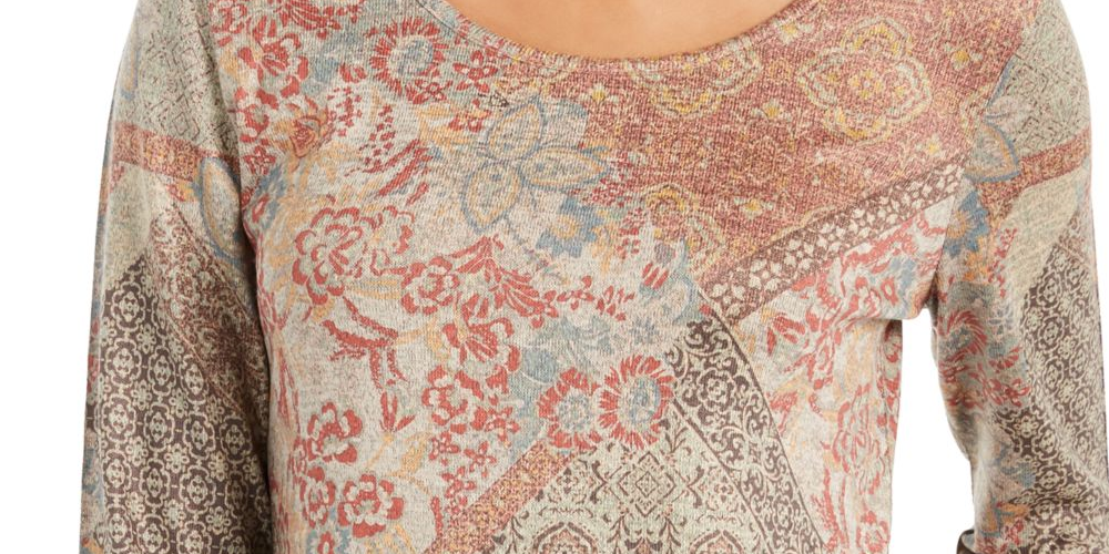 Style & Co Women's Knit Printed Long Sleeve Scoop Neck Top Brown Size Small