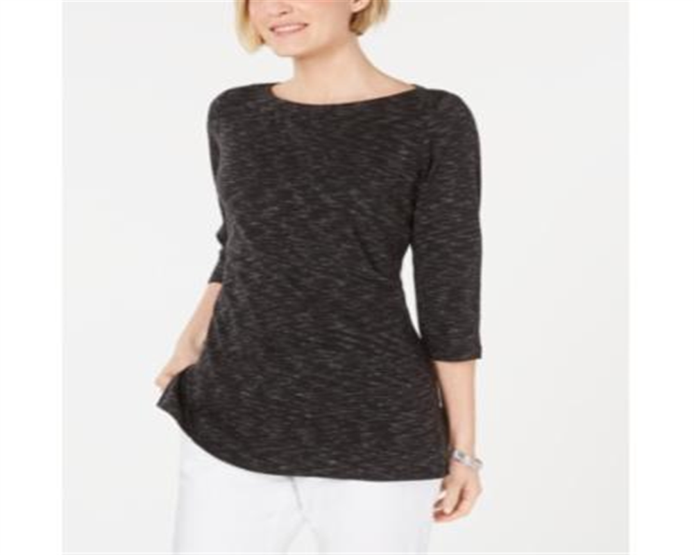 Karen Scott Women's Boat-Neck Space-Dyed Top  - Deep Black Size Medium