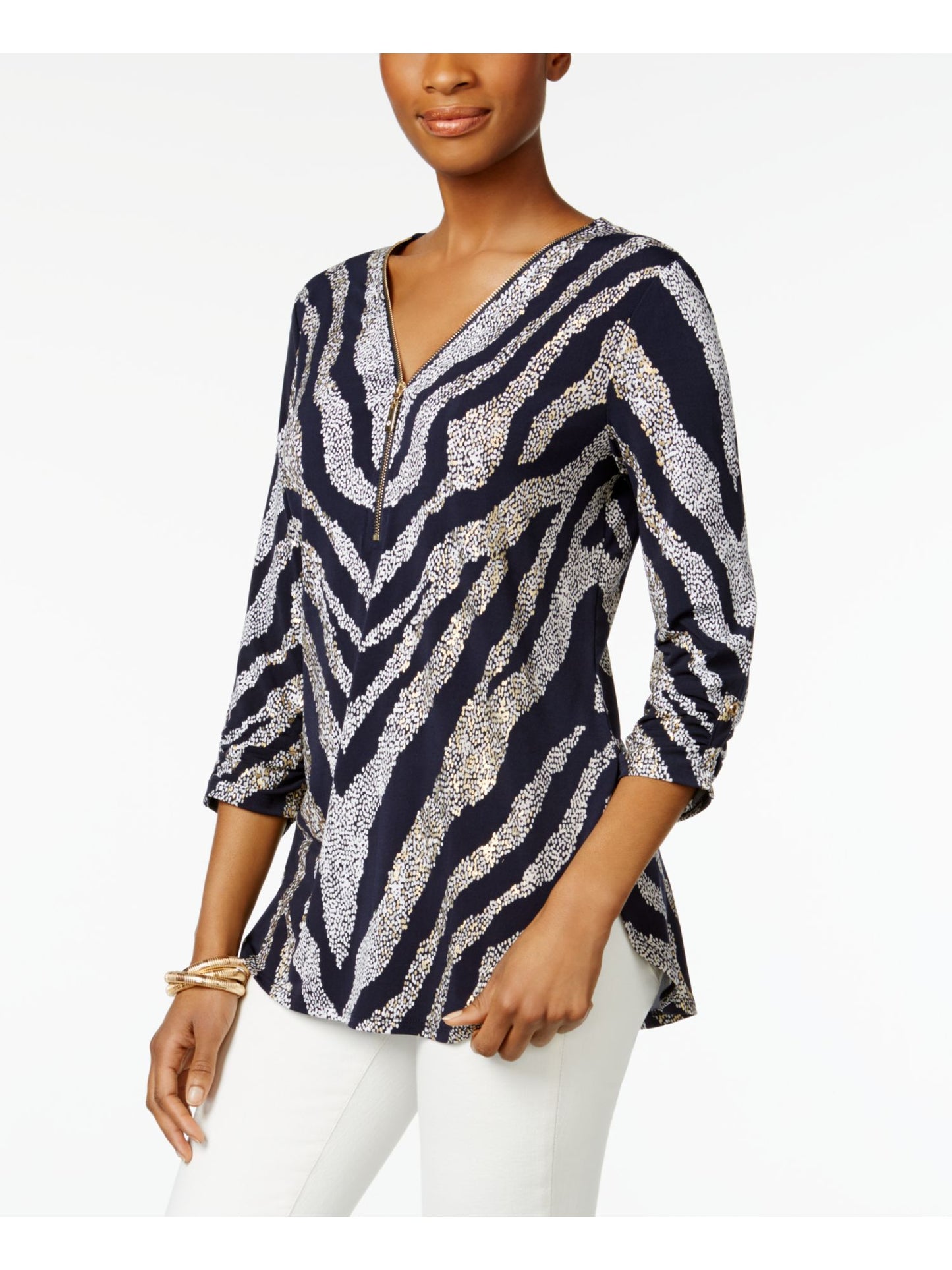 JM Collection Women's Zip Print Top  Blue Size Large