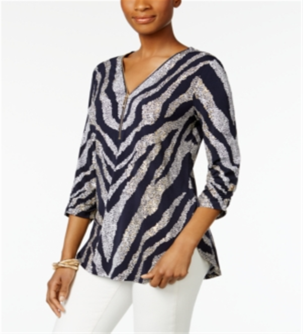 JM Collection Women's Zip Print Top  Blue Size Large