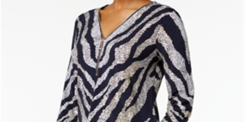 JM Collection Women's Zip Print Top  Blue Size Large