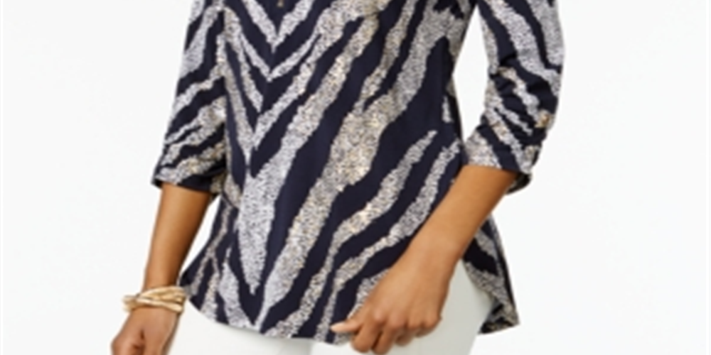 JM Collection Women's Zip Print Top  Blue Size Large