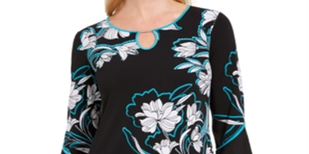 JM Collection Women's Printed Bell-Sleeve Keyhole Top  Blue Size XS