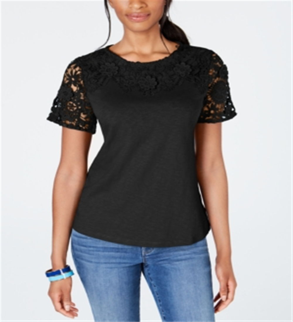 Charter Club Women's Cotton Lace Embellished T-Shirt Black Size XX-Large