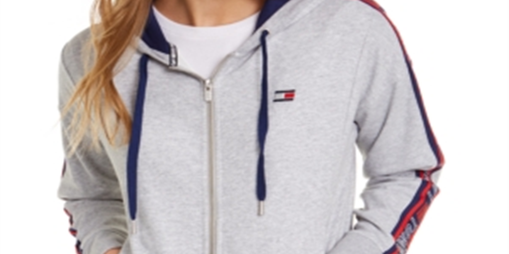 Tommy Hilfiger Women's Sport Logo Zip Hoodie Silver Size X-Large