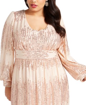 R M Richards Women's  Sequined Long Sleeve Jewel Neck Maxi Blouson Evening Dress Beige Size 20W