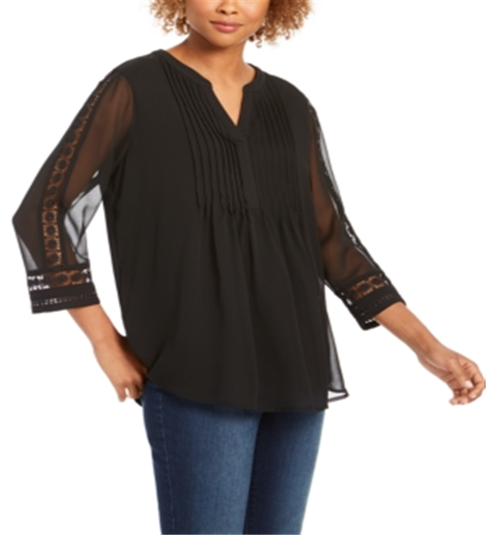 Charter Club Women's  Petite Sheer-Sleeve Pintuck To Deep Black Size PL