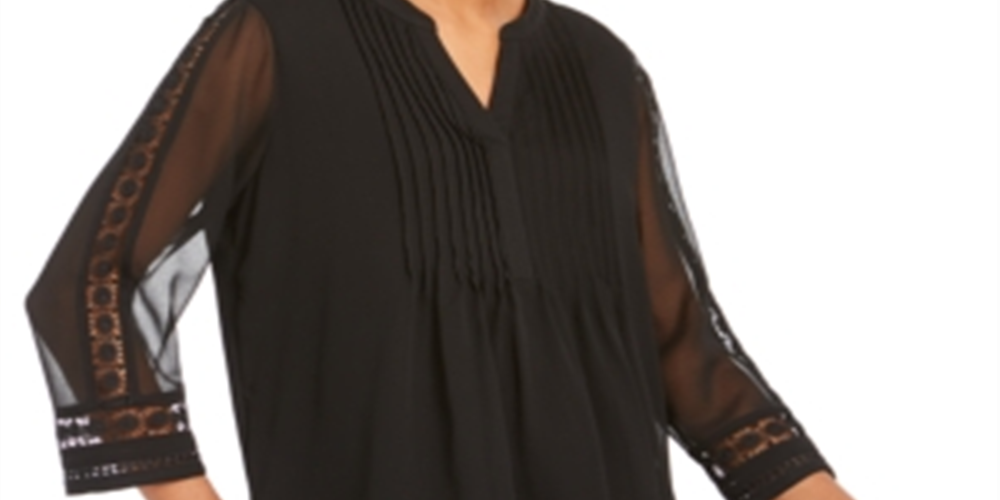 Charter Club Women's  Petite Sheer-Sleeve Pintuck To Deep Black Size PL