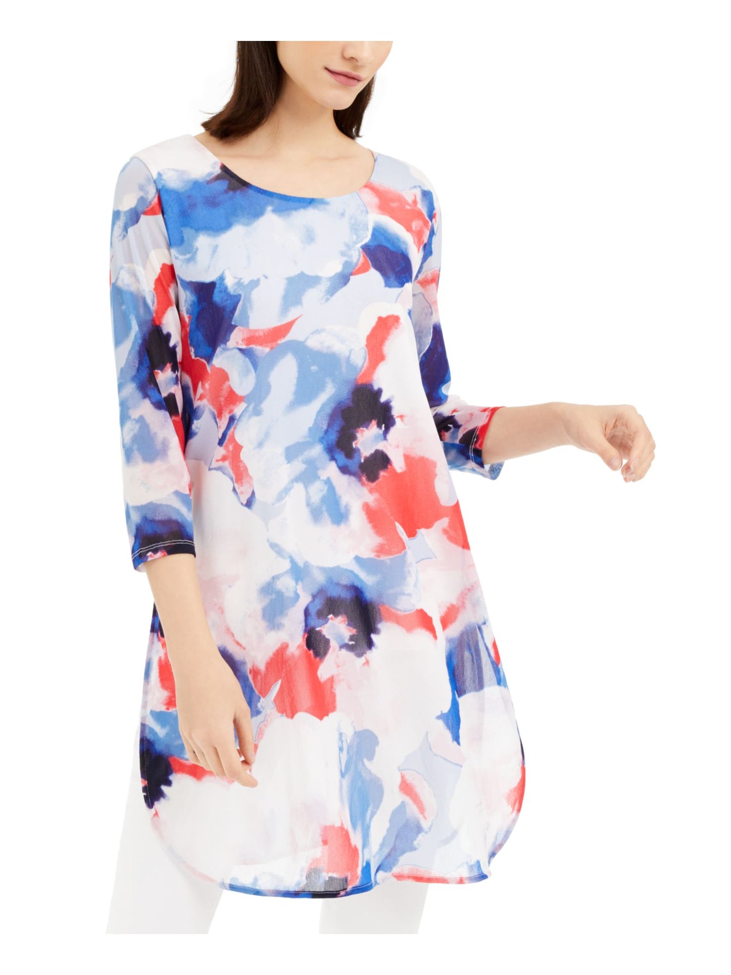 ALFANI Women's  Sheer Lined Pull on Styling Printed 3/4 Sleeve Evening Tunic Top Blue Size Petite S