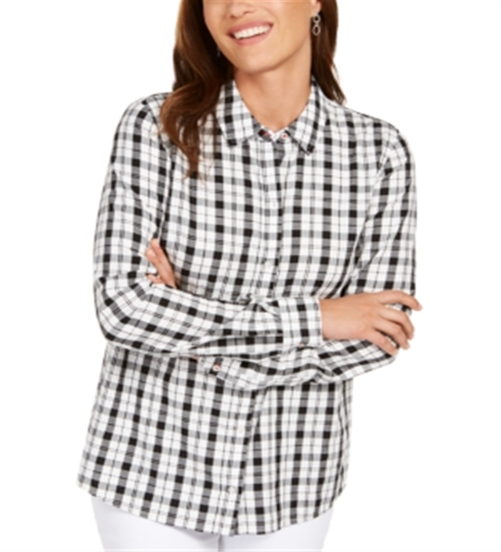 Charter Club Women's Cotton Plaid Shirt White Size Large