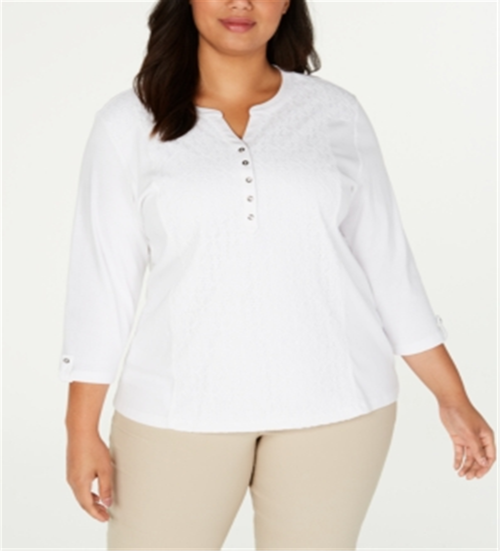 Karen Scott Plus Cotton Eyelet Henley Top -Brown- Size 2XL