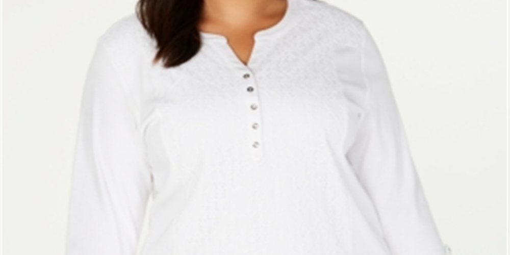 Karen Scott Plus Cotton Eyelet Henley Top -Brown- Size 2XL