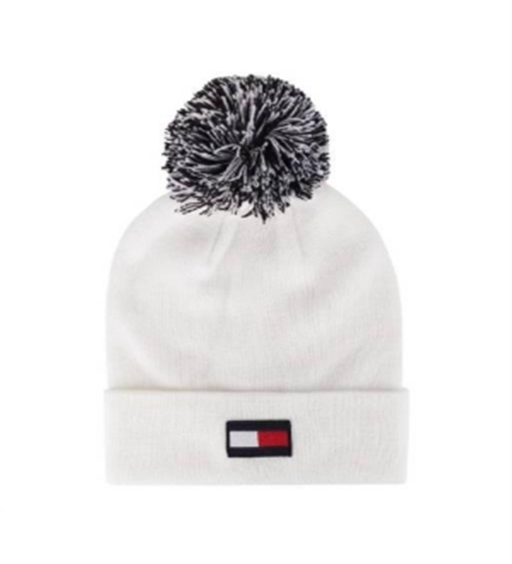 Tommy Hilfige Women's Flag with Two Tone Pom Patch Beanie White One Size