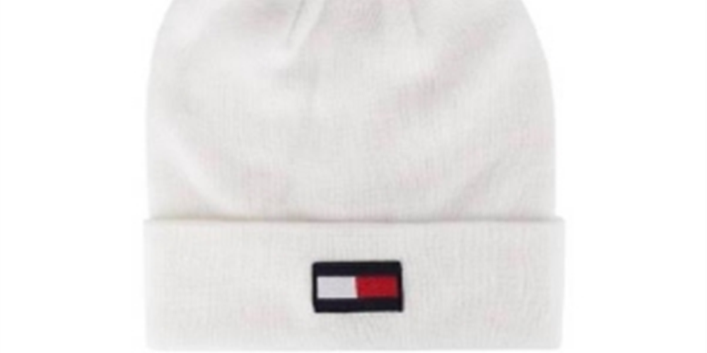 Tommy Hilfige Women's Flag with Two Tone Pom Patch Beanie White One Size