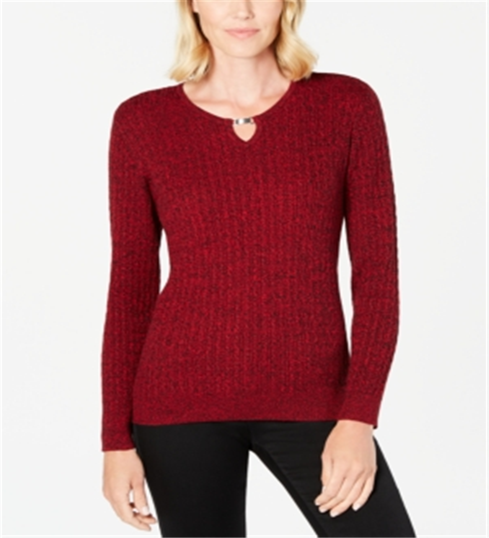 Karen Scott Women's Cable-Knit Keyhole Sweater  New Red Marl Size Medium