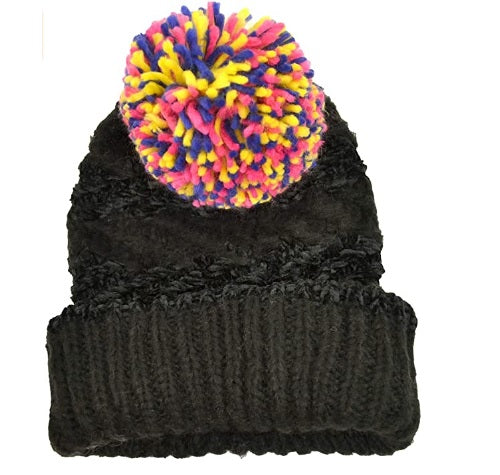 INC International Concepts Women's Chenille Striped Multi-Pom Beanie Hat Black One Size