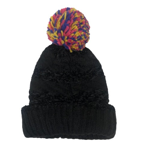INC International Concepts Women's Chenille Striped Multi-Pom Beanie Hat Black One Size
