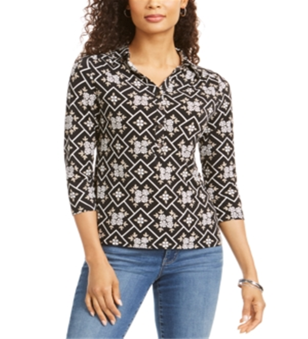 Charter Club Women's 3/4 Sleeve Printed Polo Top  Black Size Large