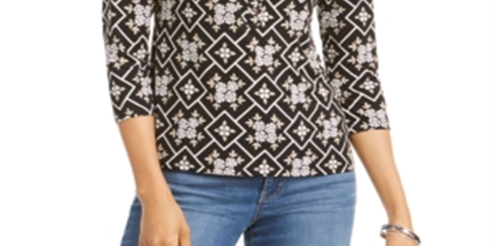 Charter Club Women's 3/4 Sleeve Printed Polo Top  Black Size Large