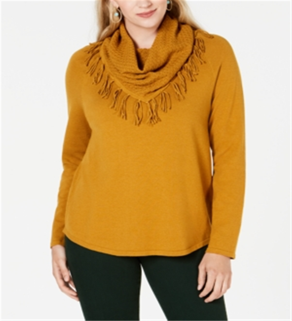 Style & Co Women's  Fringe-Trim Cowlneck Sweater  - Spiced Cumin Yellow Size Small