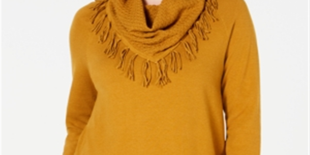 Style & Co Women's  Fringe-Trim Cowlneck Sweater  - Spiced Cumin Yellow Size Small