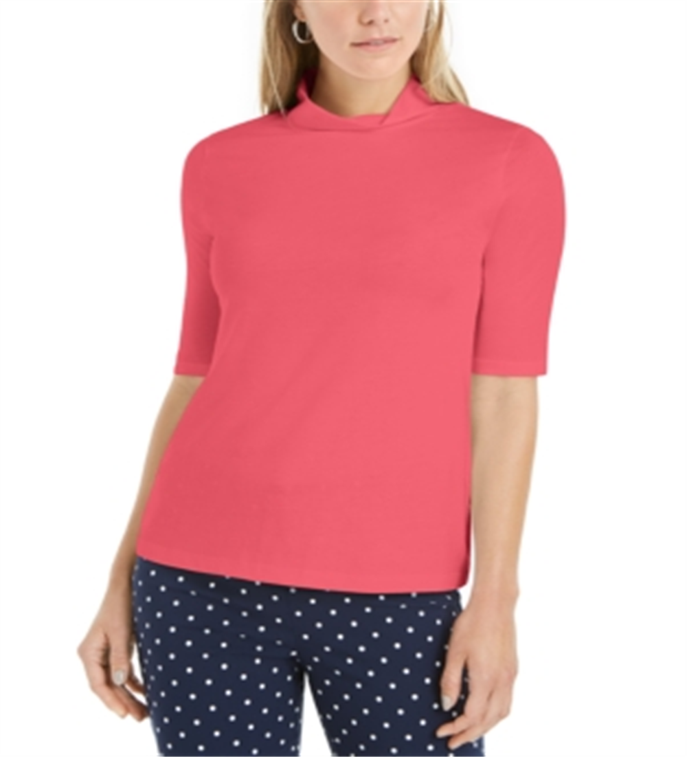 Charter Club Women's Mock-Neck Cotton Top Tuscon Coral Size S