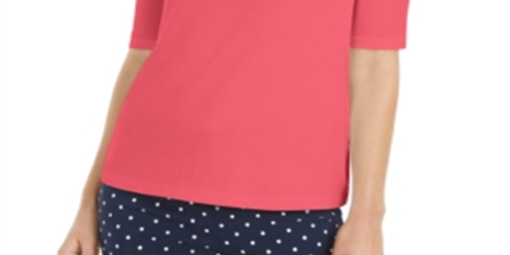 Charter Club Women's Mock-Neck Cotton Top Tuscon Coral Size S