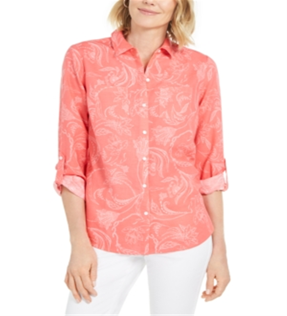 Charter Club Women's Artful Paisleys Printed Linen-Blend Shirt  Red Size Small
