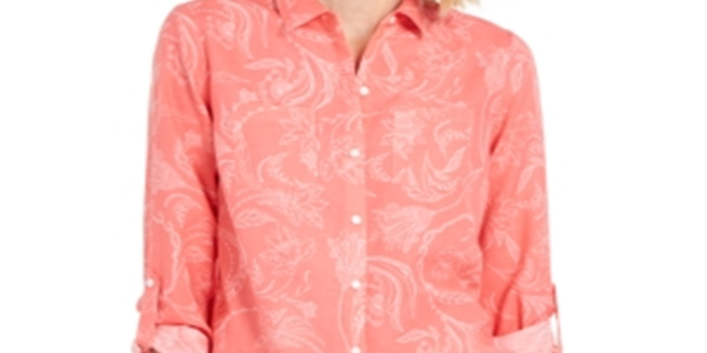 Charter Club Women's Artful Paisleys Printed Linen-Blend Shirt  Red Size Small