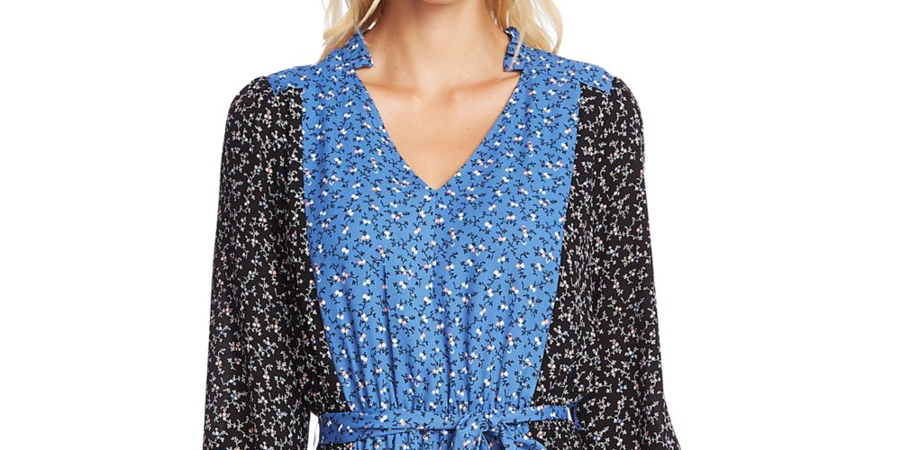 Cece Women's  Belted Floral Long Sleeve V Neck Above the Knee Trapeze Dress Blue Size XL