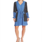 Cece Women's  Belted Floral Long Sleeve V Neck Above the Knee Trapeze Dress Blue Size XL