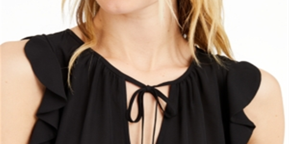 INC Women's Smocked Flutter Sleeve Blouse Black Size Medium