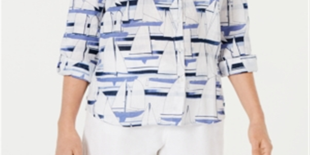 Charter Club Women's Petite Linen Sailboat-Print Utility Shirt   Bright White  Size Petite M