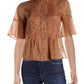 French Connection Women's Ruffled Sheer Pintuck Button-front Printed Short Sleeve Collared Top Orange Size 6 -