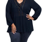 Seven7 Women's Blouses Caviar Semisheer Accent Lace up Long Sleeve Top Black Size 1X
